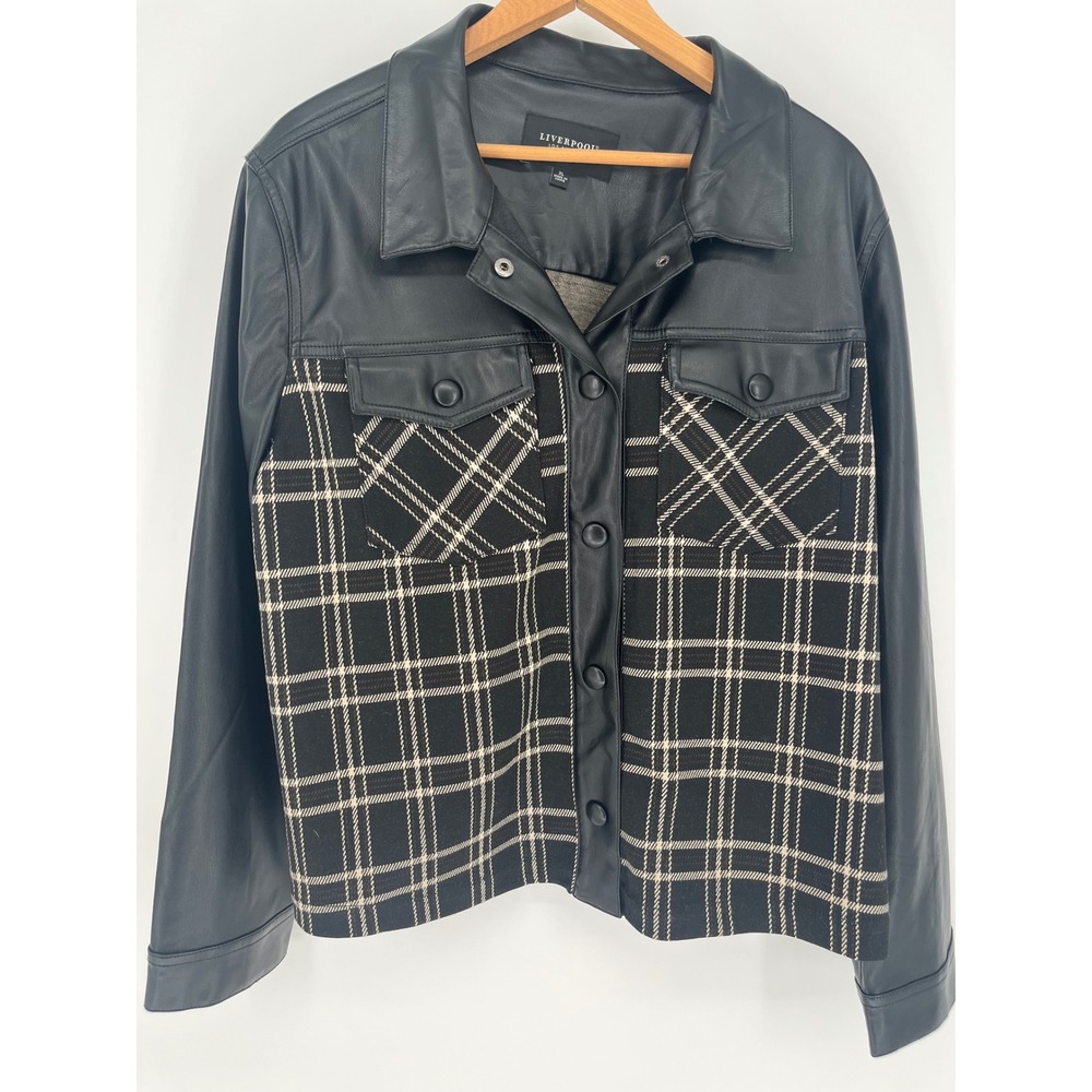LIVERPOOL Vegan Leather Jacket Women XL Black Plaid Windowpane Utility Chic NWT